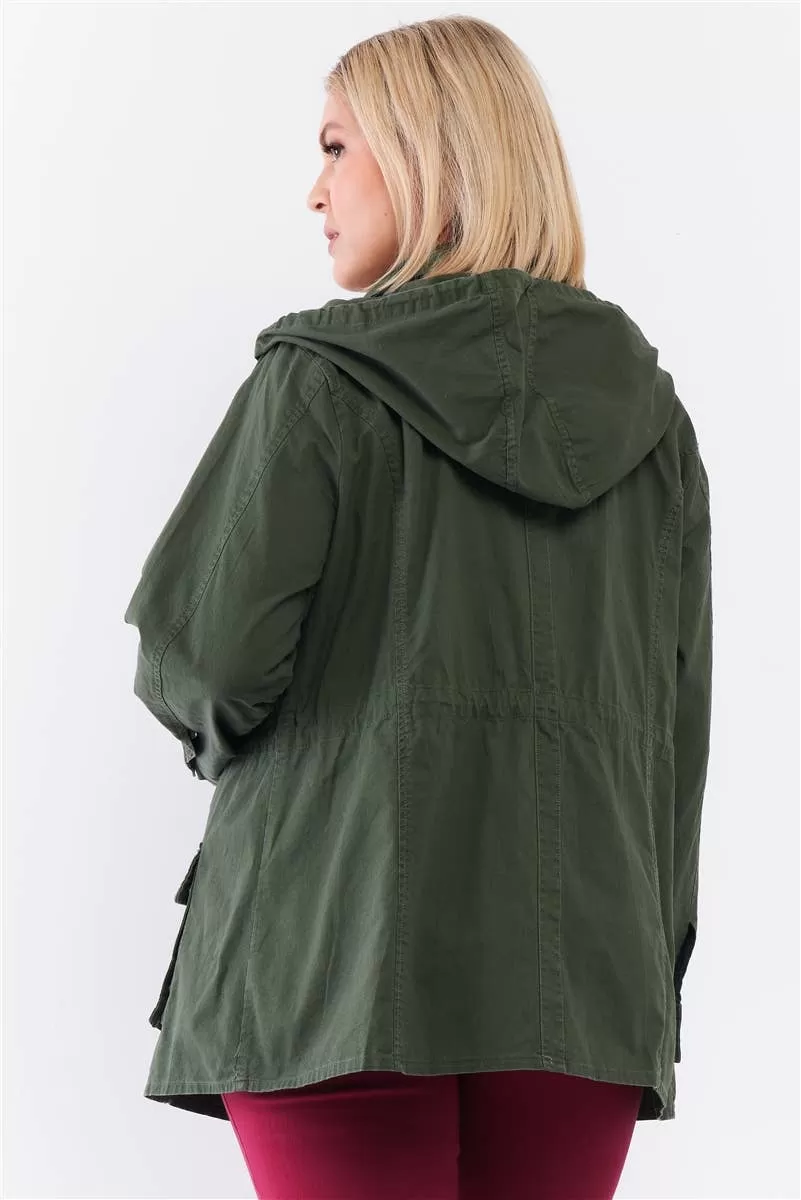 Plus Olive Cotton Front Zip-Up & Button Down Jacket