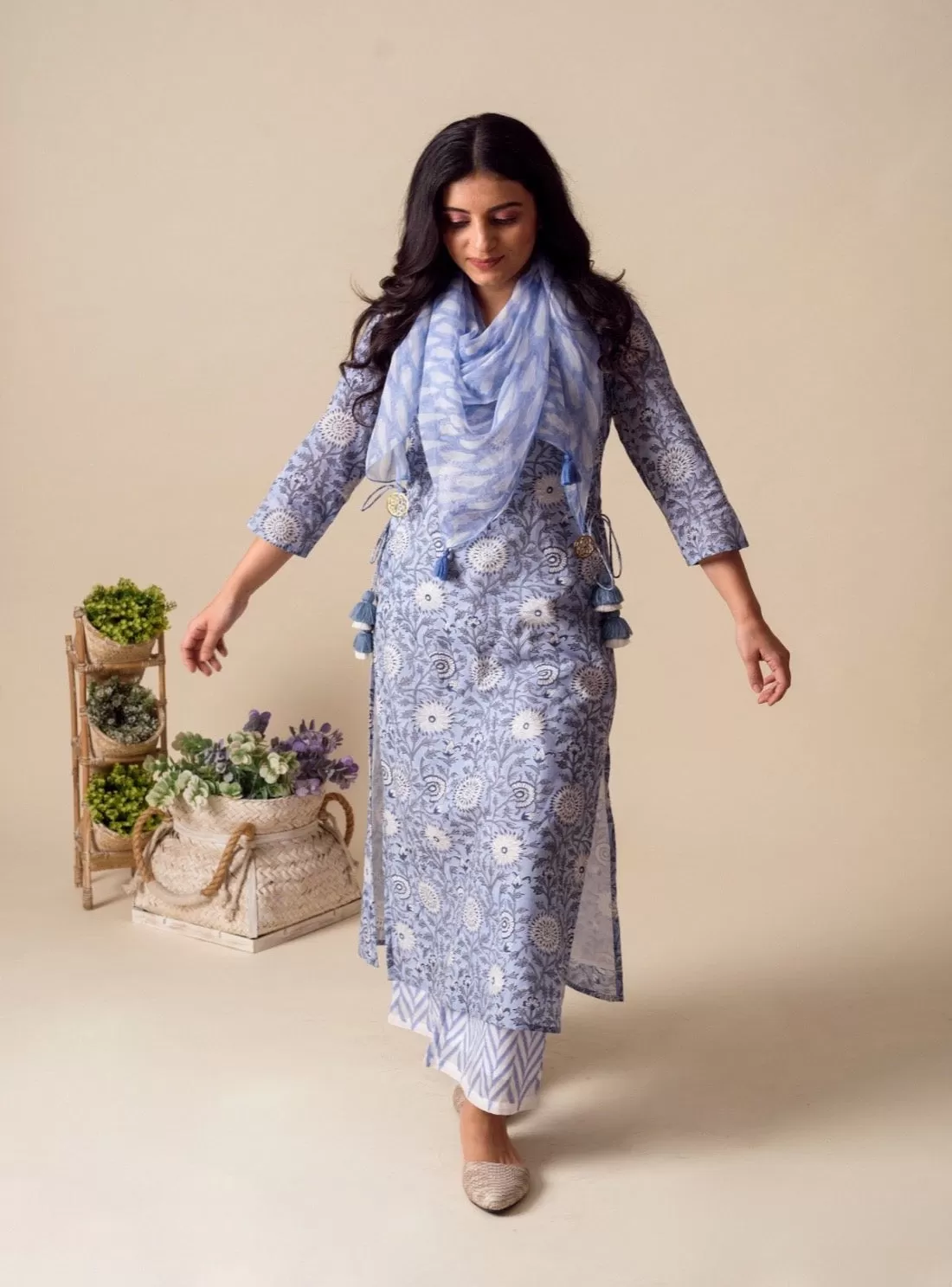 POWDER BLUE COTTON TUNIC WITH SCARF (SET OF 3)