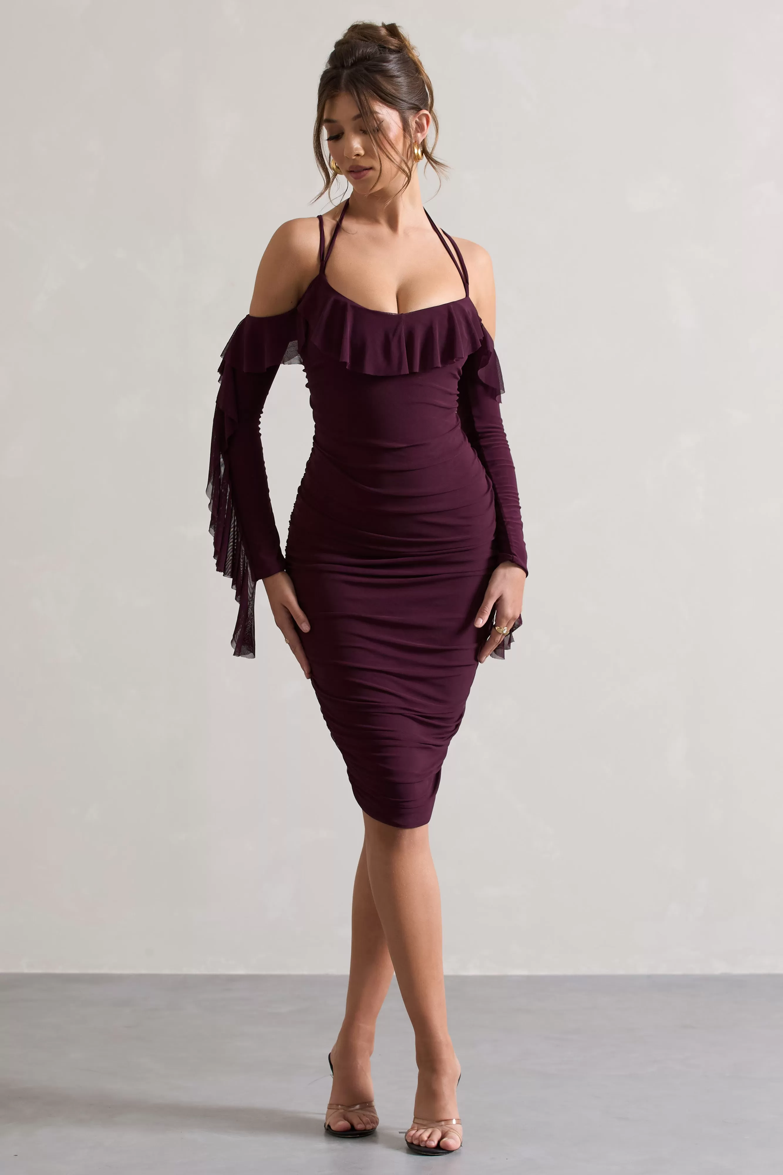 Quinn | Dark Cherry Ruched Strappy Long-Sleeved Midi Dress With Ruffles