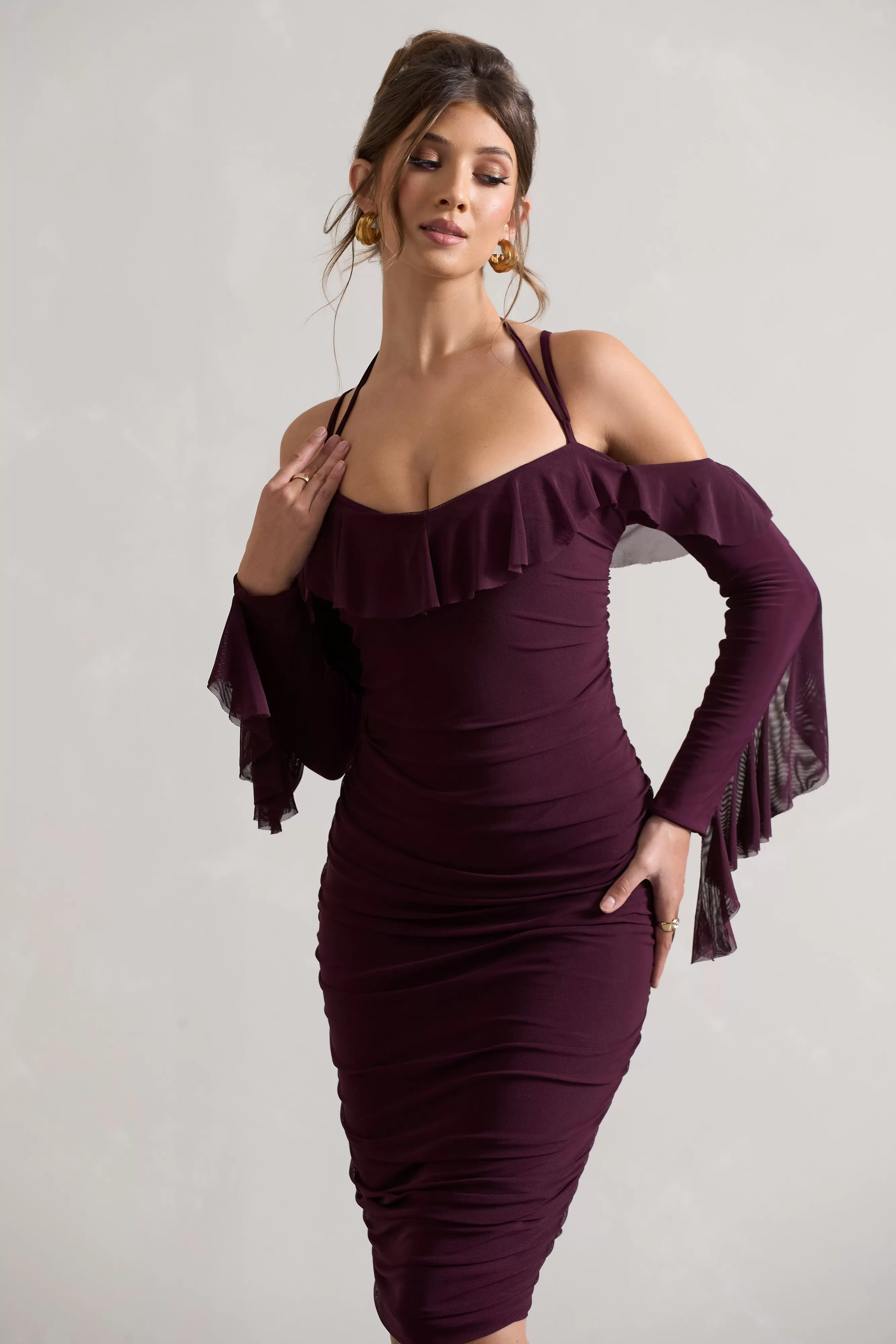 Quinn | Dark Cherry Ruched Strappy Long-Sleeved Midi Dress With Ruffles