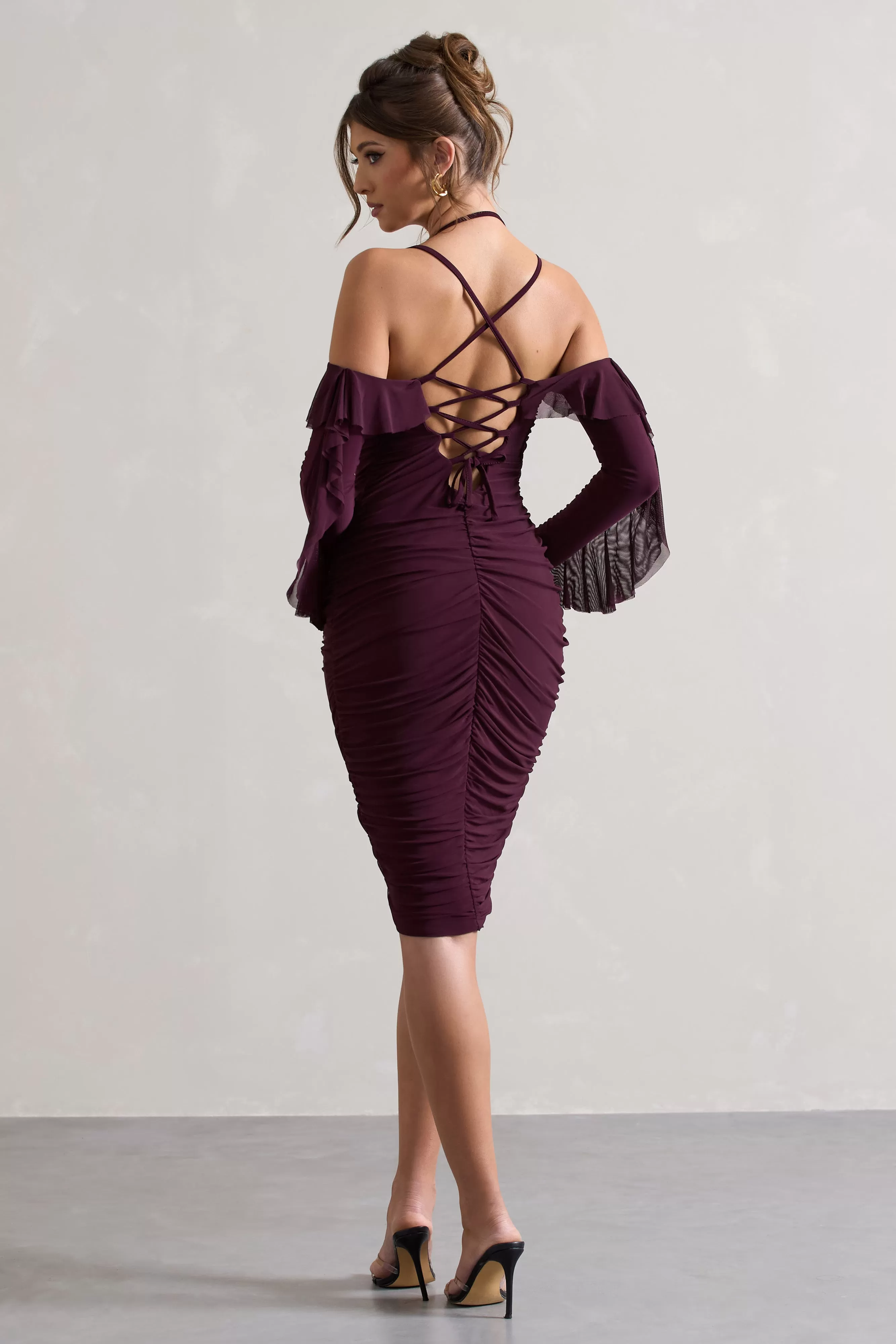 Quinn | Dark Cherry Ruched Strappy Long-Sleeved Midi Dress With Ruffles