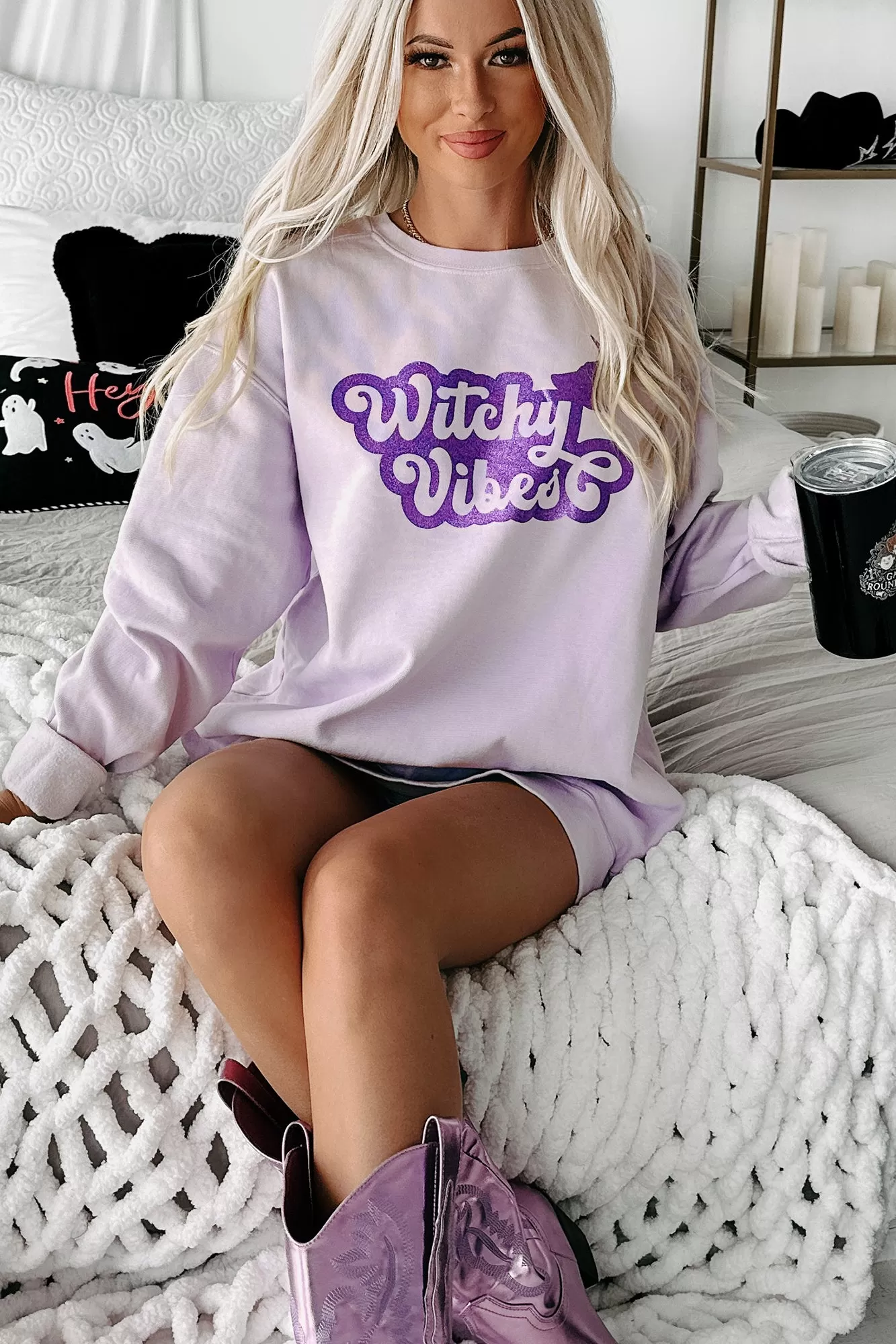 "Witchy Vibes" Glitter Graphic Crewneck (Orchid) - Print On Demand