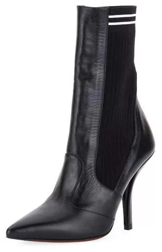 'Rockoko' Ribbed Stretch-Knit and Leather Sock Boots, Black