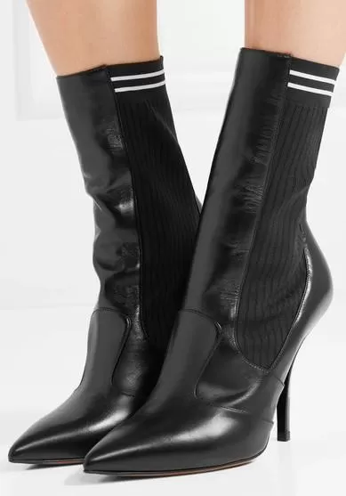 'Rockoko' Ribbed Stretch-Knit and Leather Sock Boots, Black