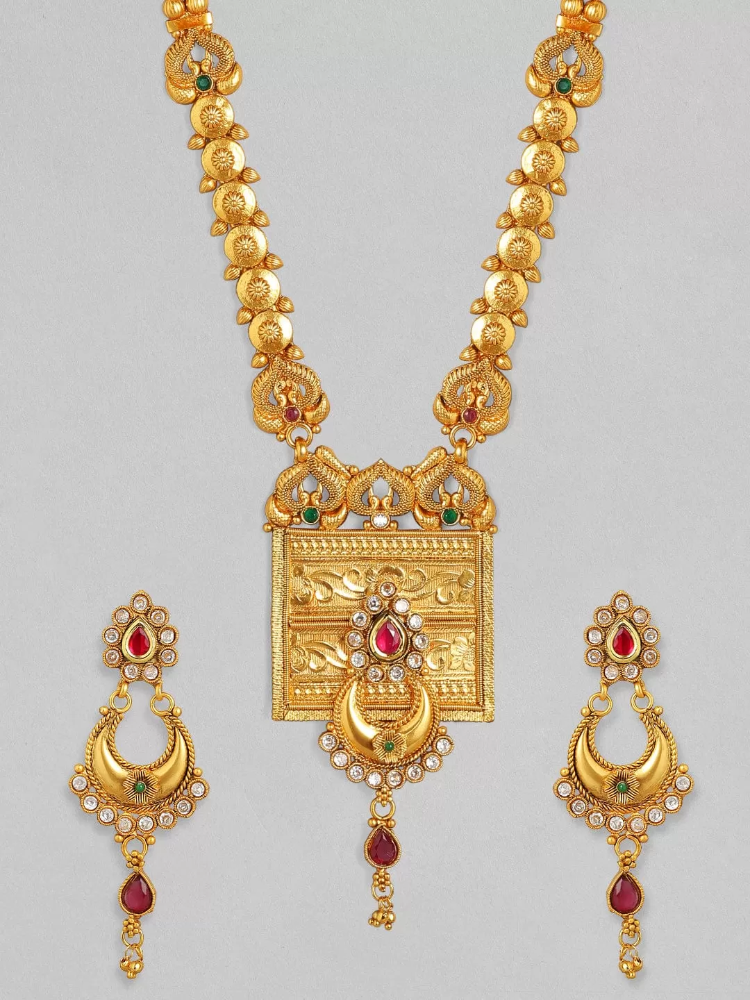 Rubans 24K Gold Plated Handcrafted Filigree Ruby Studded Necklace Set