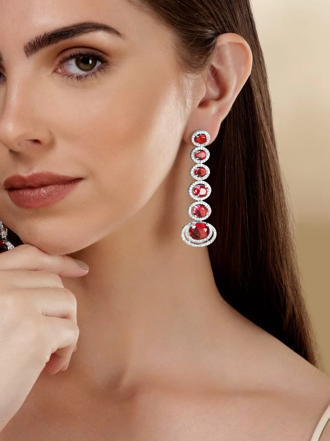 Rubans Rhodium Plated Ruby Red Oval Cut Zirconia Long Dangle Earrings