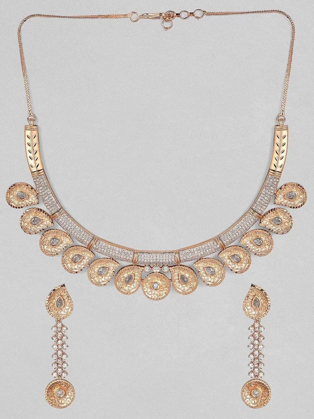 Rubans Zircon Studded Handcrafted Rose Gold Plated Statement Necklace Set