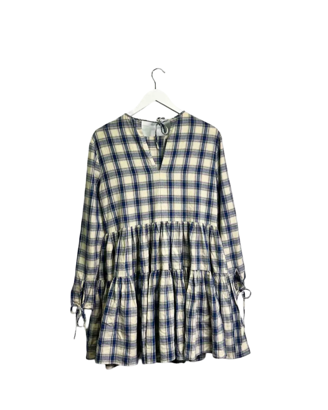 Size S - Verner Blue and White Check Frill Midi Dress