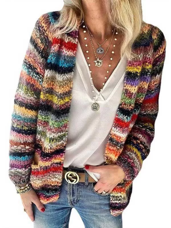 Slouchy Rainbow Stripe Cotton Knit Cardigan Sweater Tops