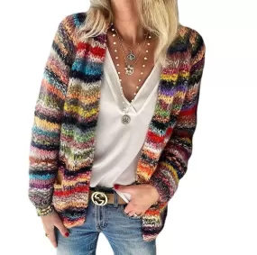 Slouchy Rainbow Stripe Cotton Knit Cardigan Sweater Tops