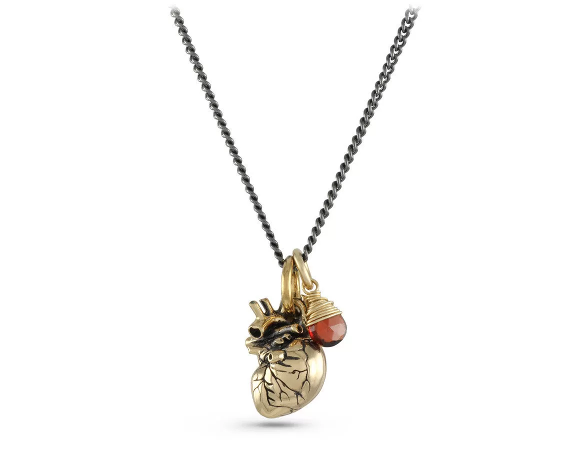 Small Anatomical Heart Necklace with Garnet - Bronze