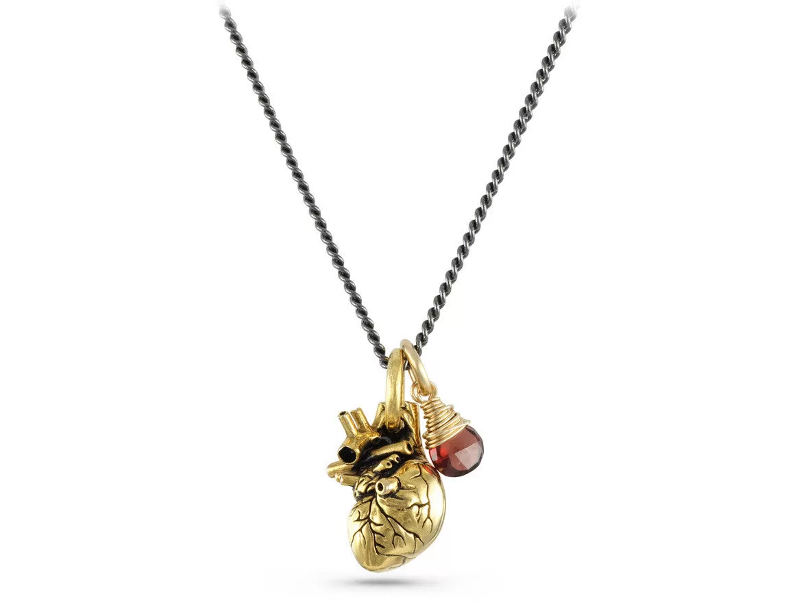 Small Anatomical Heart Necklace with Garnet - Gold