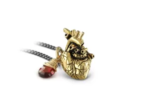 Small Anatomical Heart Necklace with Garnet - Gold