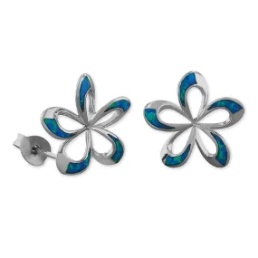 Sterling Silver Synthetic Blue Opal Open Plumeria Stud Earrings