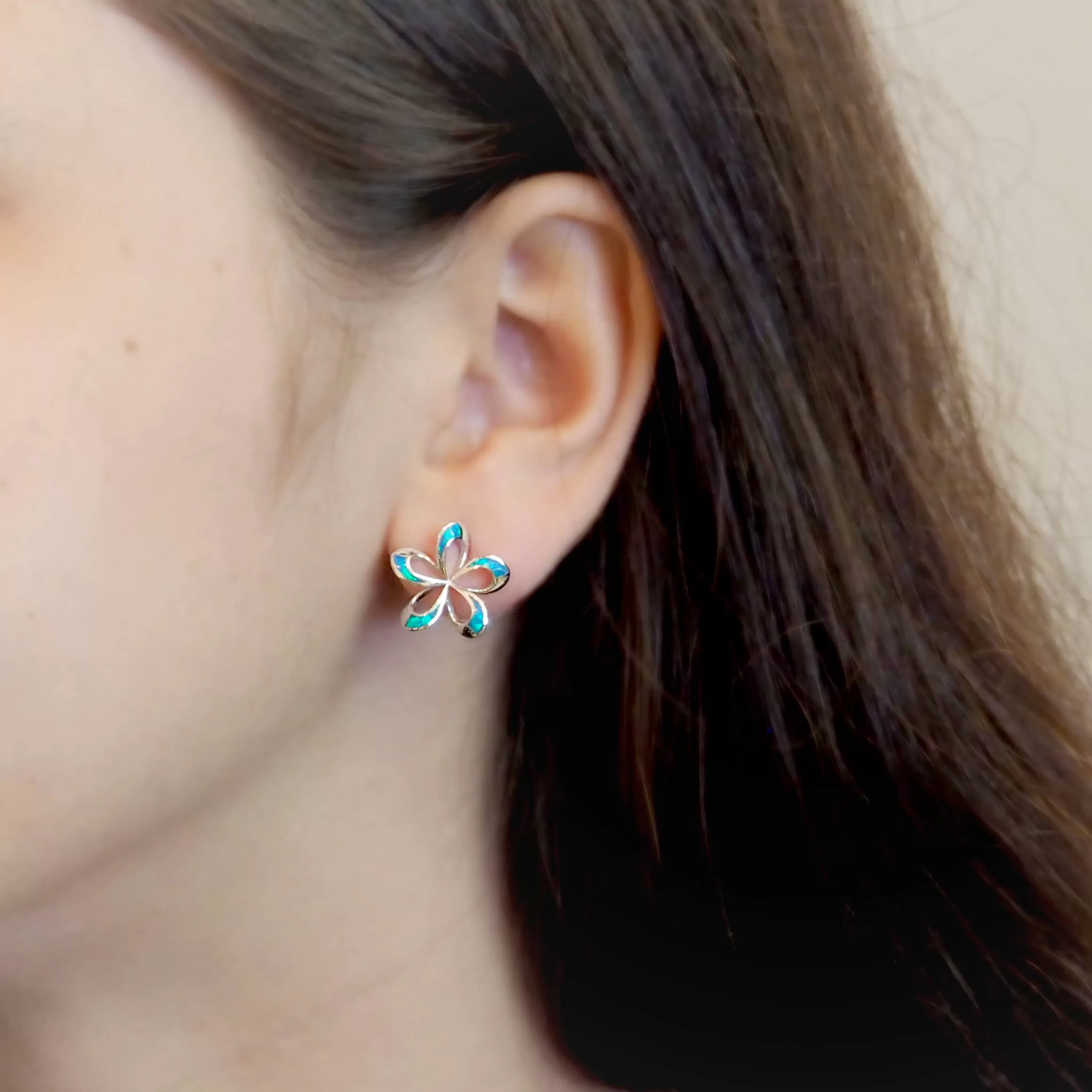 Sterling Silver Synthetic Blue Opal Open Plumeria Stud Earrings