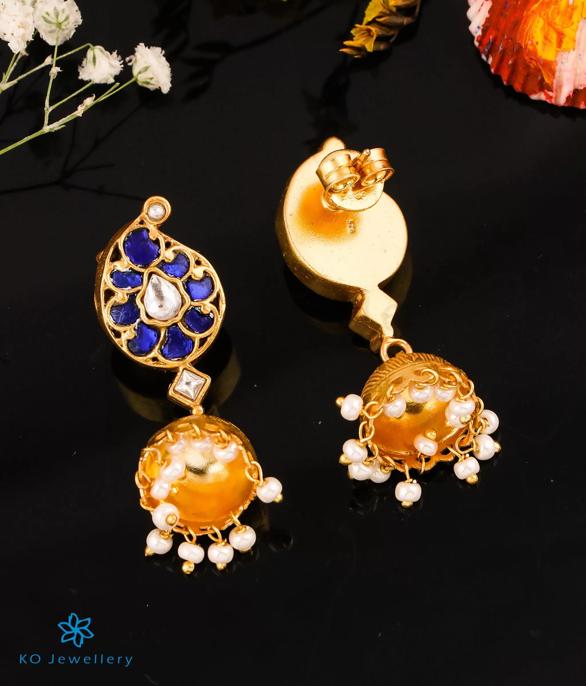 The Paisley Silver Kundan Jhumkas (Blue)