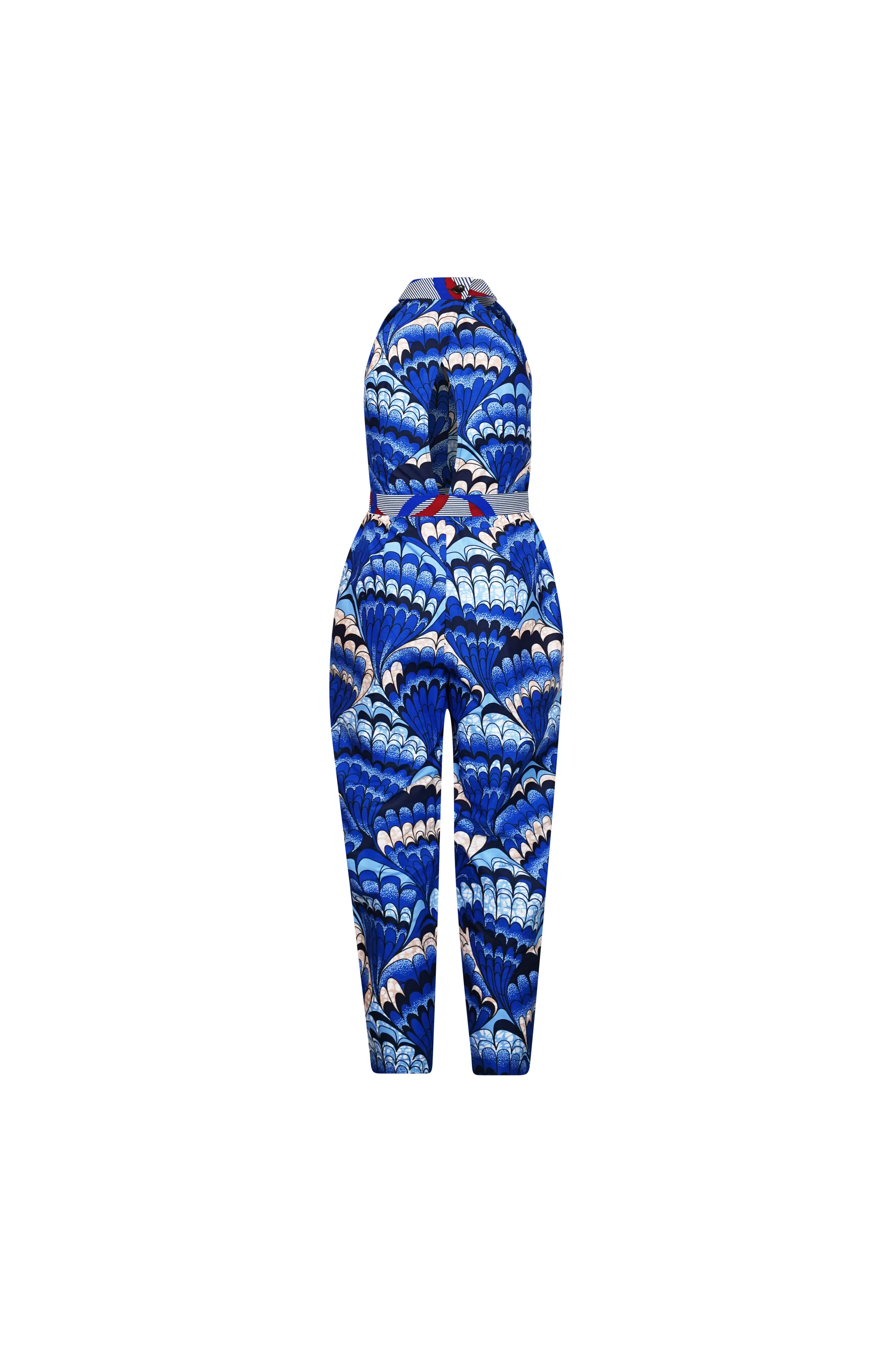 Tuki Keyhole Jumpsuit - Blue Feathers African Ankara Wax Cotton Print