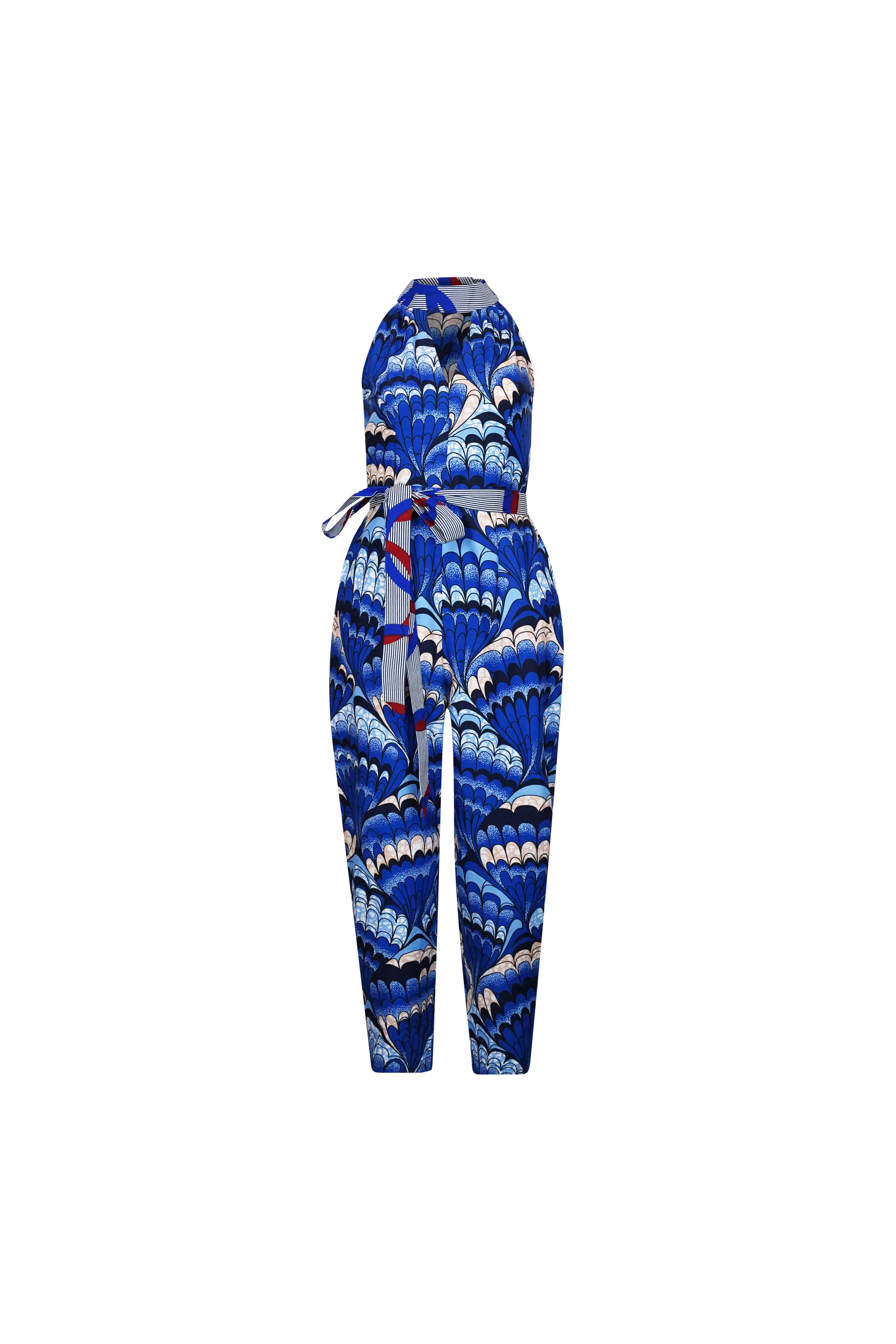 Tuki Keyhole Jumpsuit - Blue Feathers African Ankara Wax Cotton Print