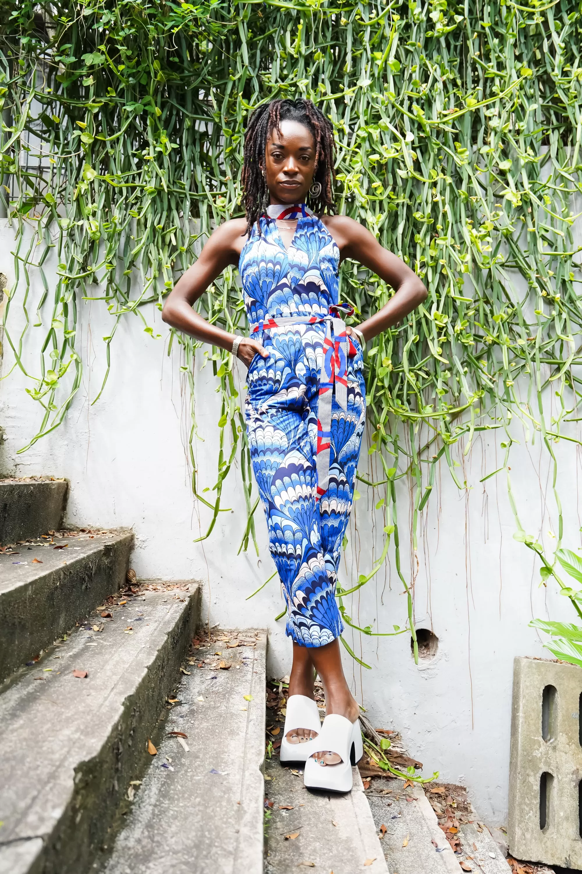 Tuki Keyhole Jumpsuit - Blue Feathers African Ankara Wax Cotton Print