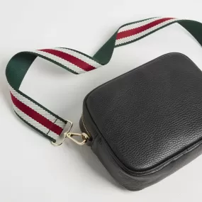 Verona Crossbody Tassel Black Bag with Green Stripe Strap