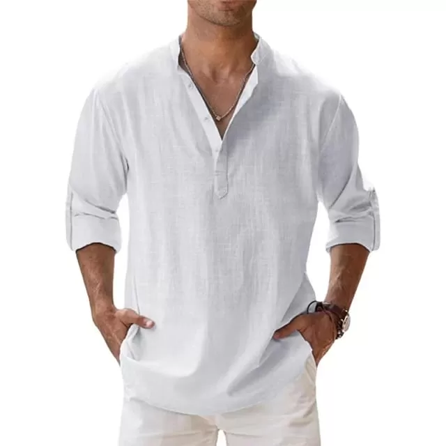 White Stylish Cotton Linen Full Sleeves Regular Fit Short Kurta Shirt