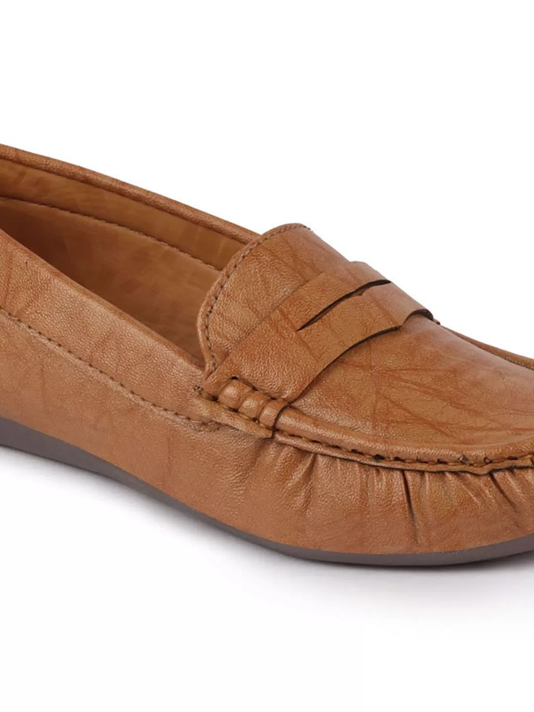 Women Tan Stitched Slip On Loafers