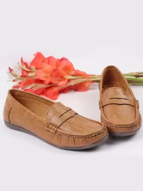 Women Tan Stitched Slip On Loafers