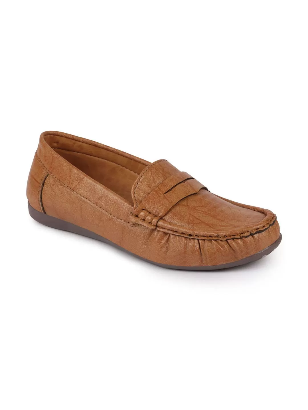 Women Tan Stitched Slip On Loafers