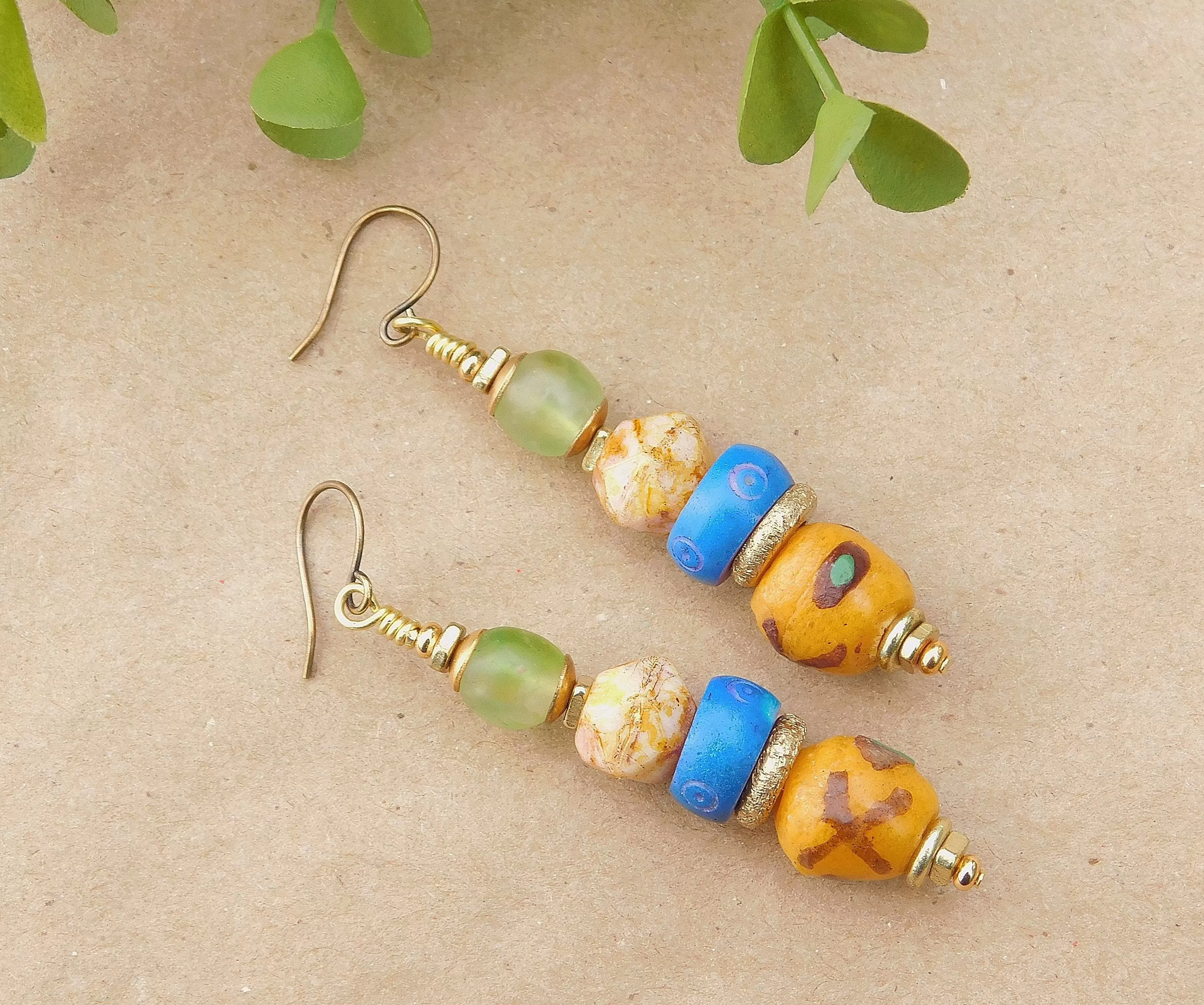 Yellow Krobo, Czech and Green Recycled Glass Bead Earrings