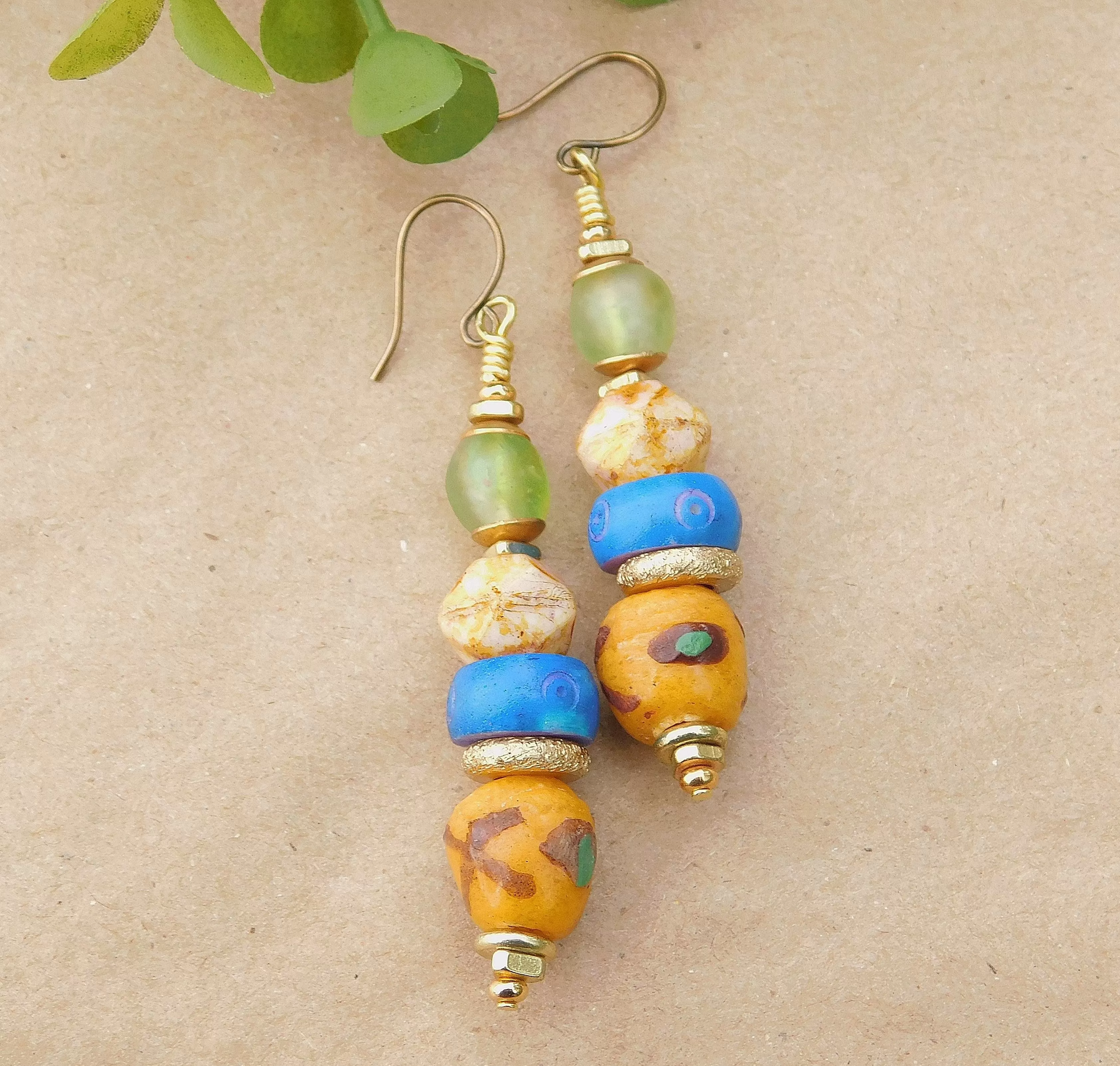 Yellow Krobo, Czech and Green Recycled Glass Bead Earrings