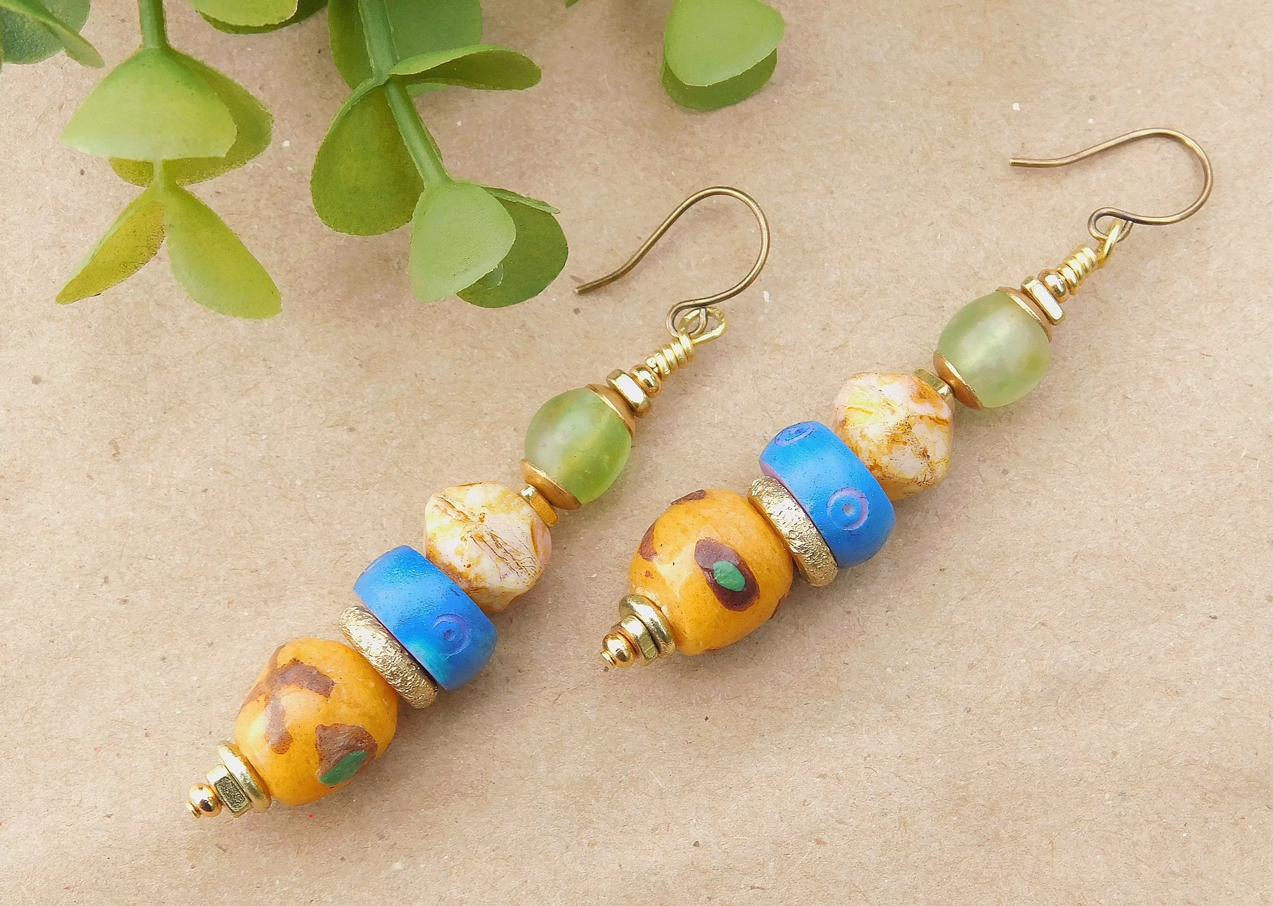 Yellow Krobo, Czech and Green Recycled Glass Bead Earrings