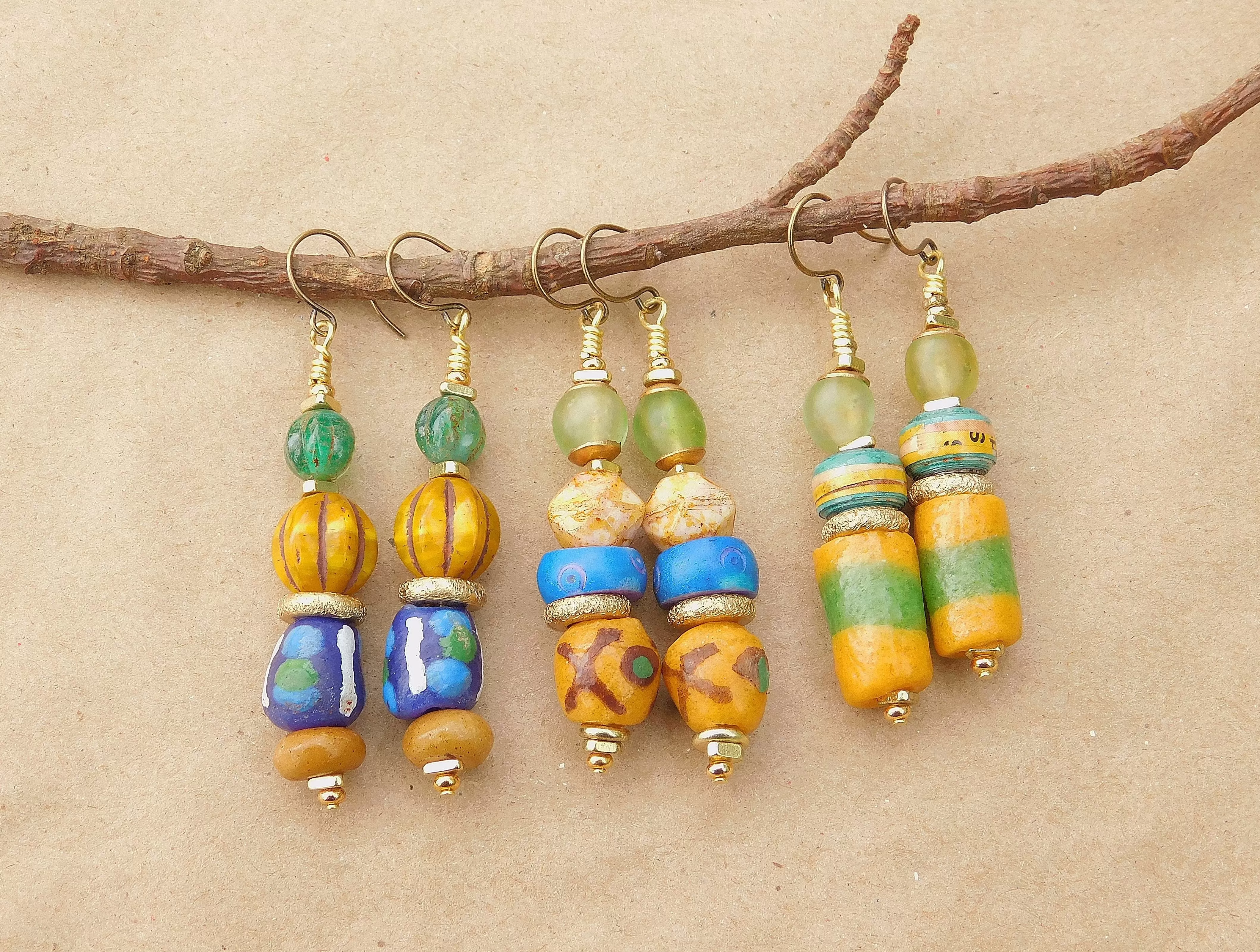 Yellow Krobo, Czech and Green Recycled Glass Bead Earrings