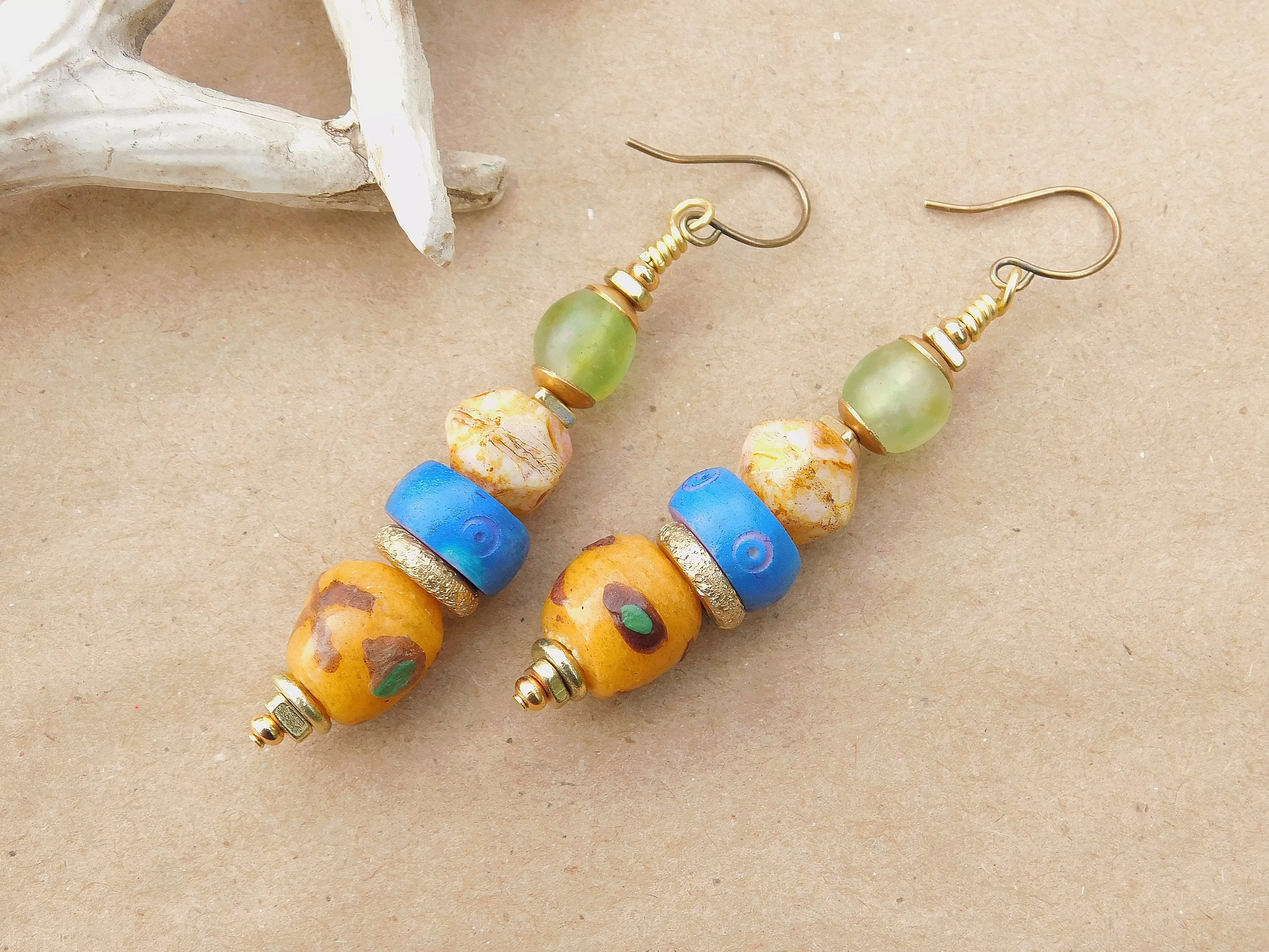 Yellow Krobo, Czech and Green Recycled Glass Bead Earrings