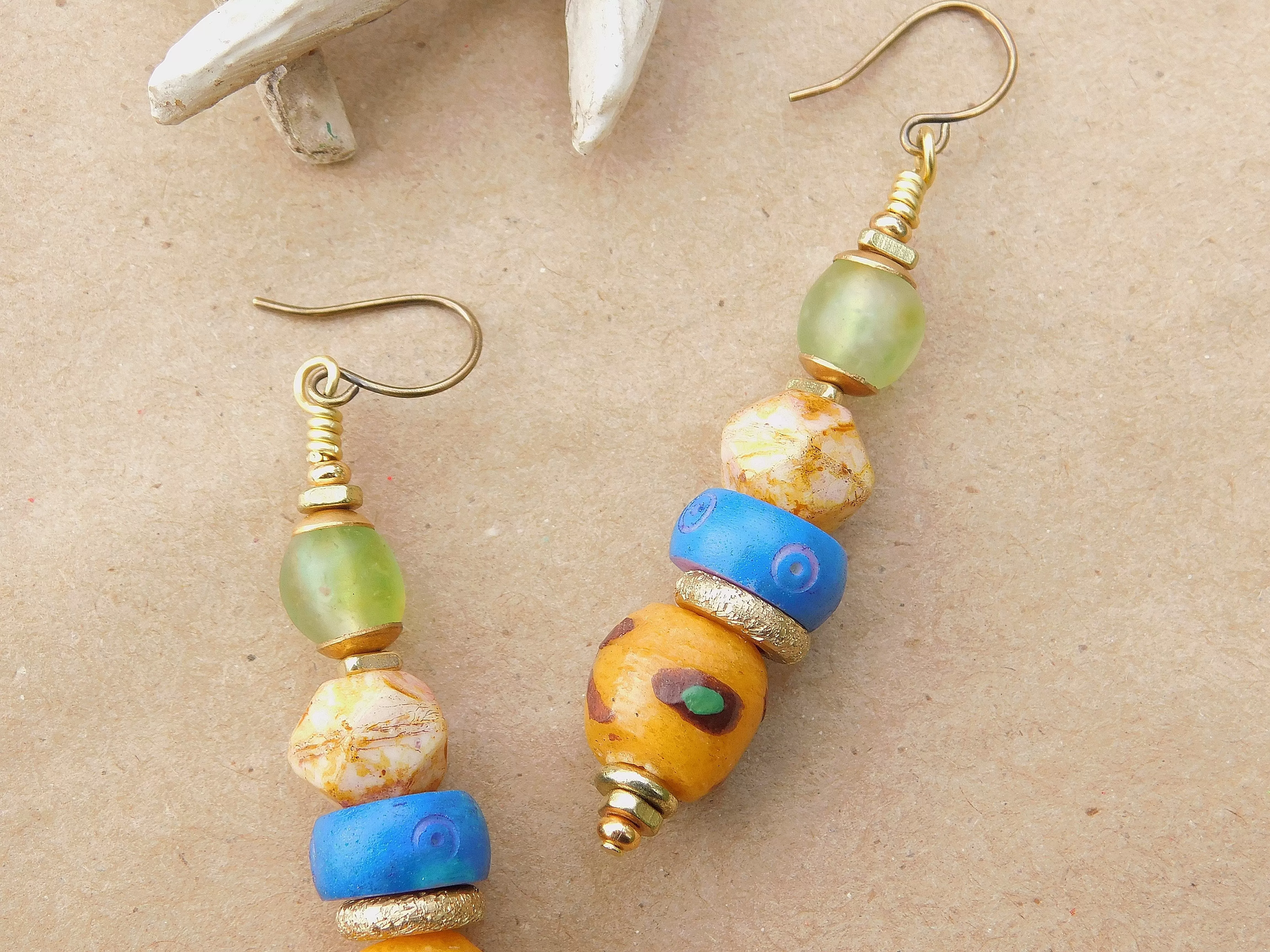 Yellow Krobo, Czech and Green Recycled Glass Bead Earrings