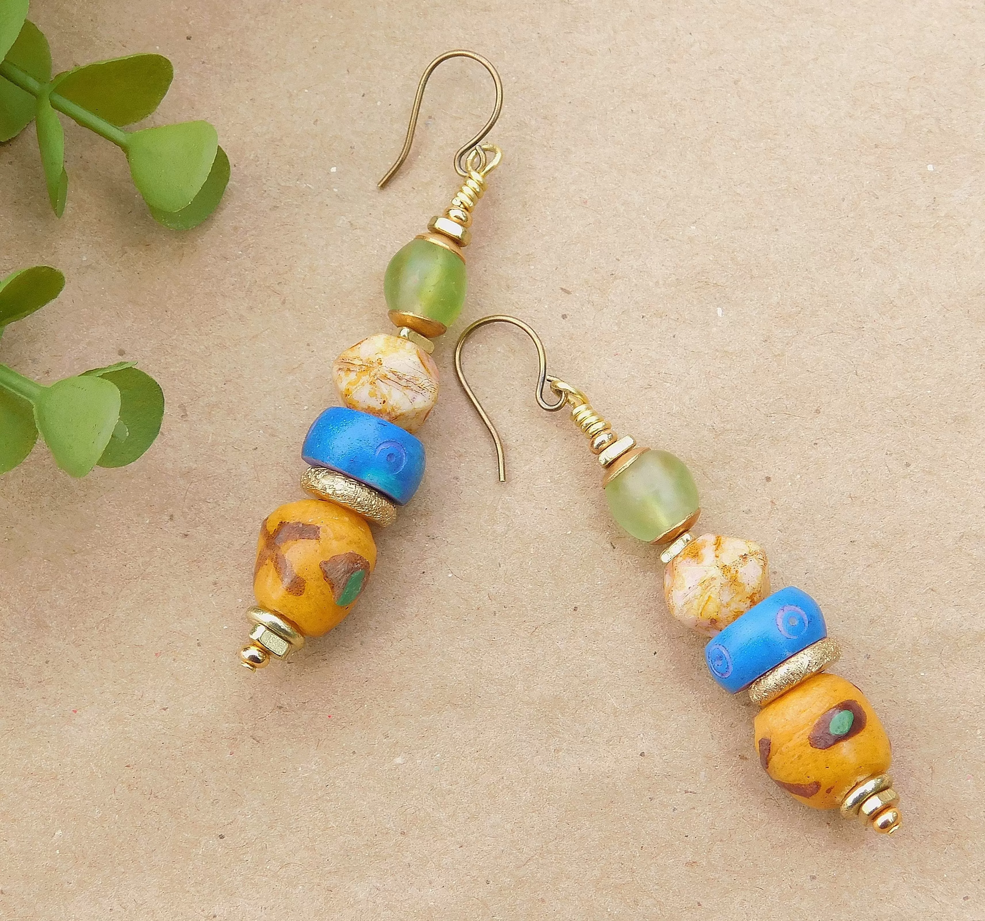 Yellow Krobo, Czech and Green Recycled Glass Bead Earrings