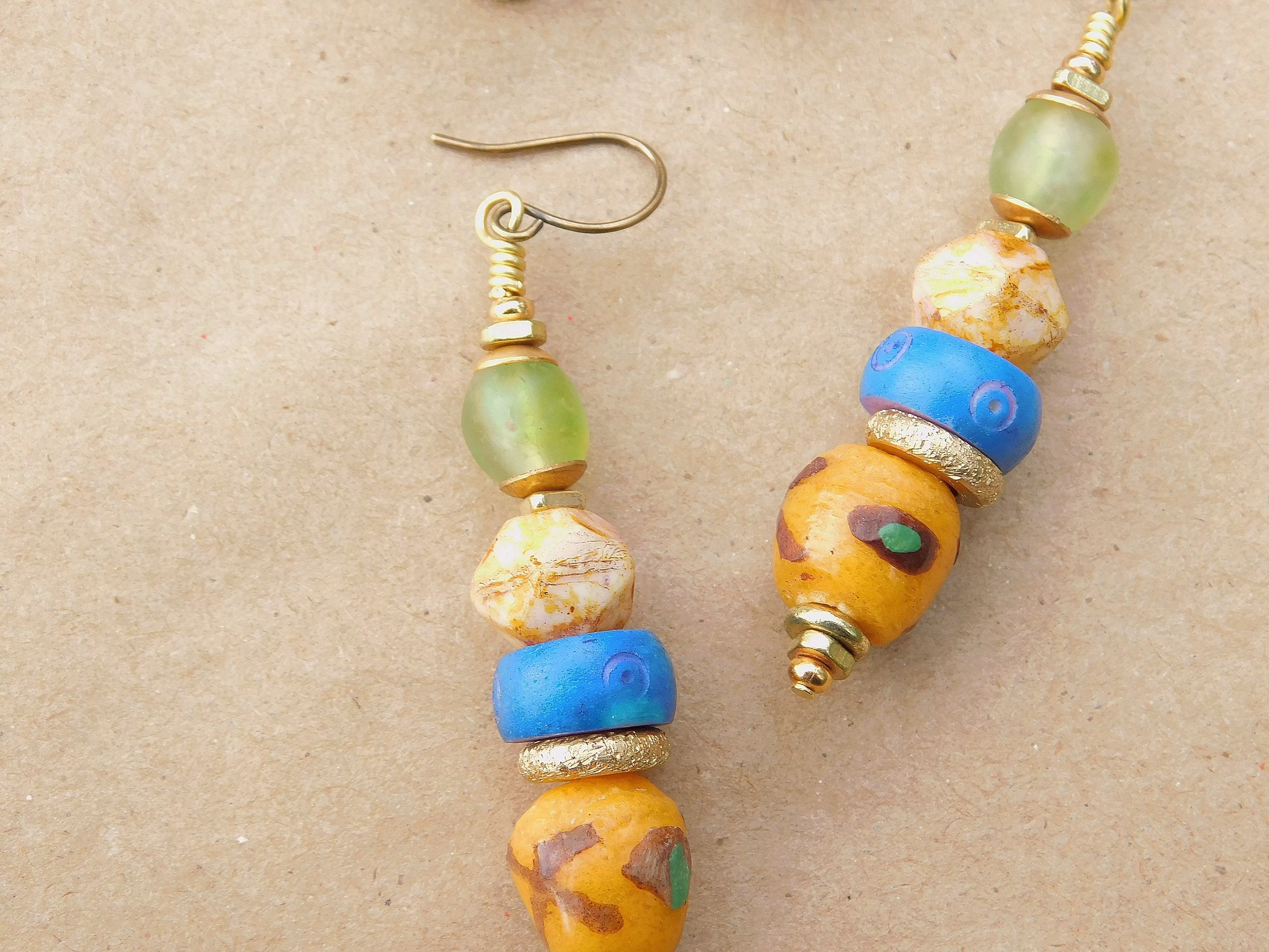 Yellow Krobo, Czech and Green Recycled Glass Bead Earrings