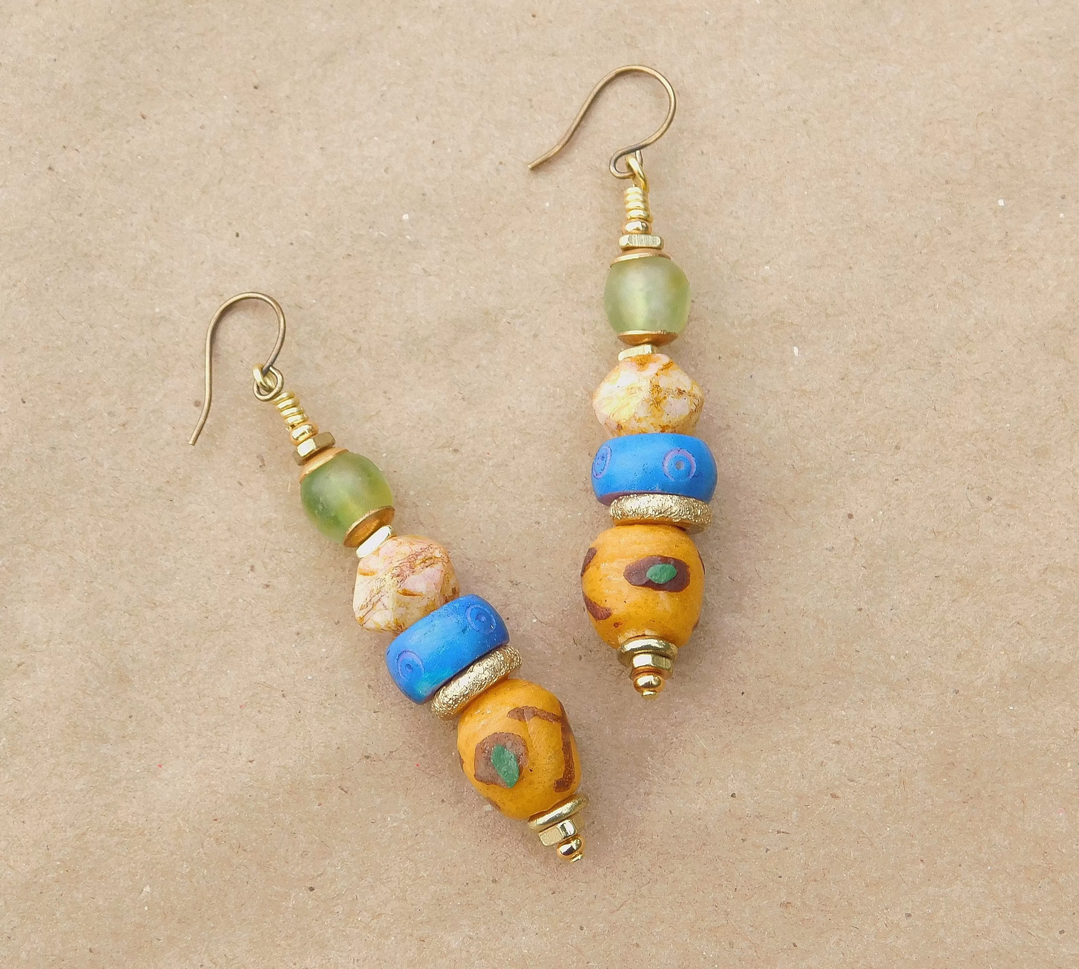 Yellow Krobo, Czech and Green Recycled Glass Bead Earrings