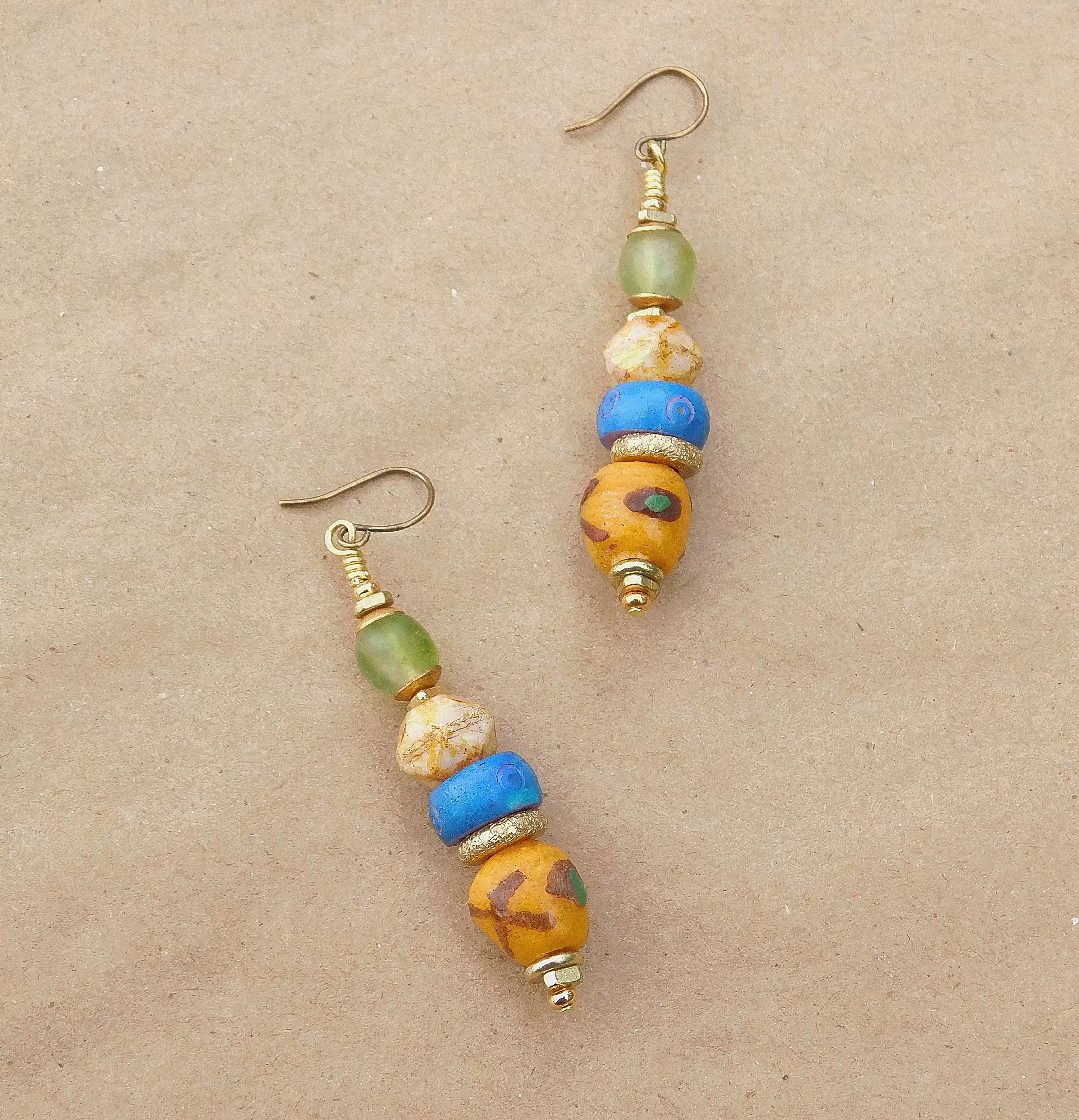 Yellow Krobo, Czech and Green Recycled Glass Bead Earrings