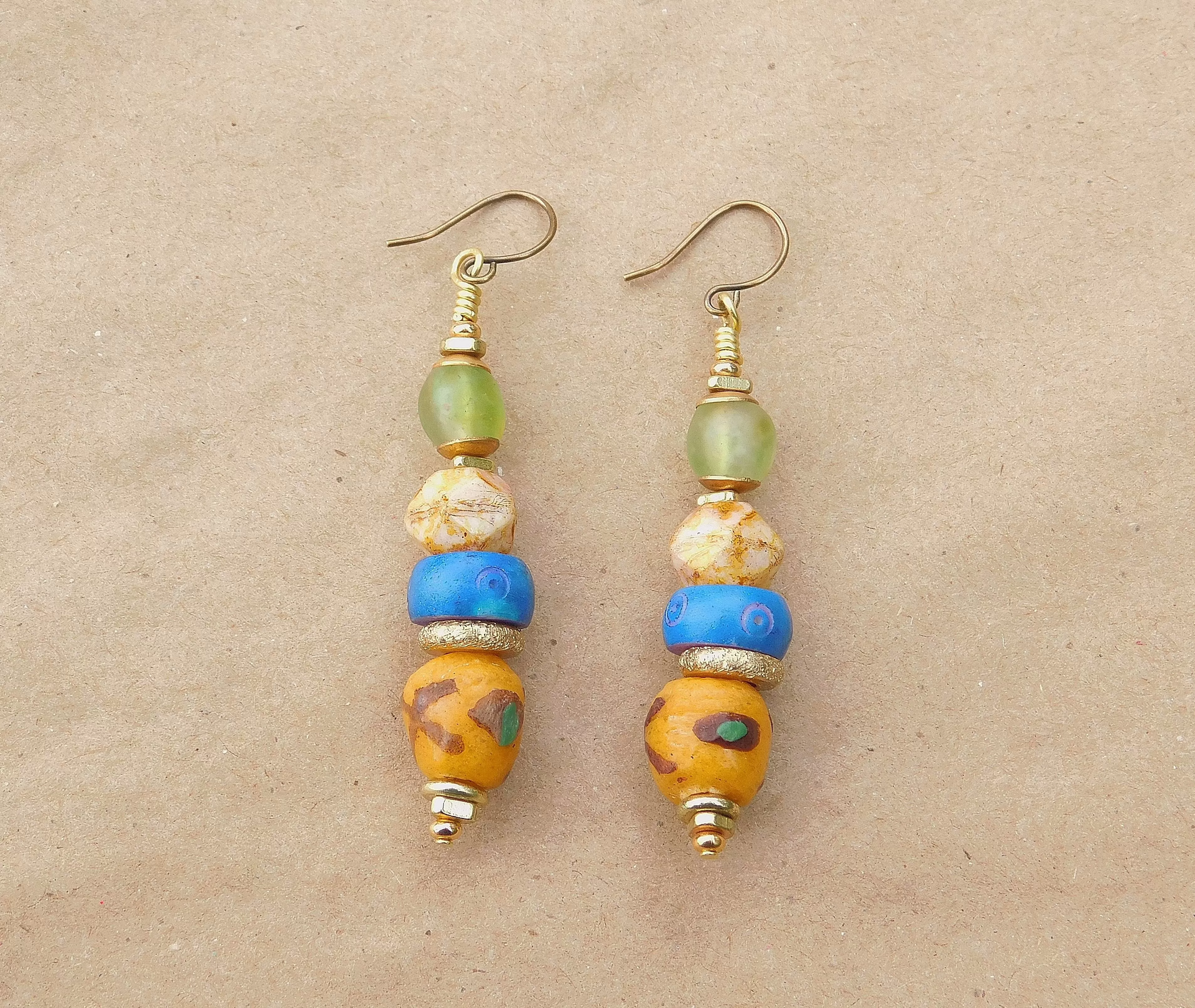 Yellow Krobo, Czech and Green Recycled Glass Bead Earrings